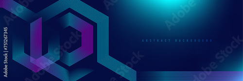 Abstract blue and pink glowing geometric lines on dark blue background.