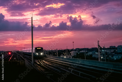 railway at sunset in the city