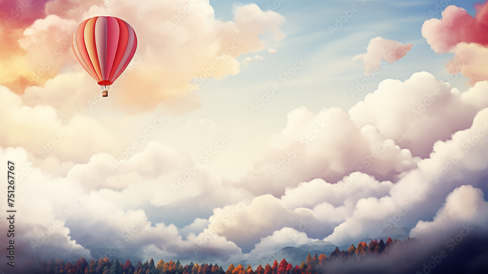 Fototapeta premium A balloon is flying about the sky among the clouds, a background postcard in watercolor style