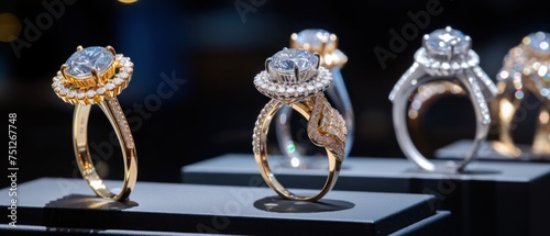 Wedding rings with diamonds on the table in a jewelry store with Copy Space