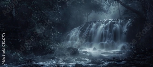 A powerful waterfall cascades through the darkness of a dense forest. The rushing water creates a mesmerizing sight against the backdrop of the night.