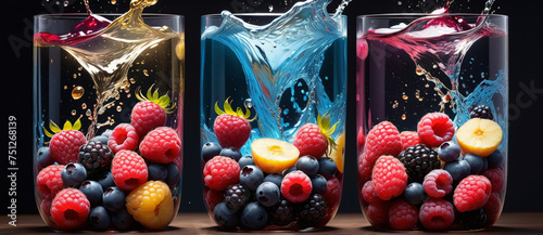 Colorful Fruit Infused Waters Splashing in Glasses - A Healthy Choice