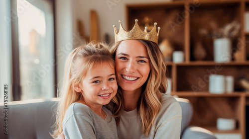 a mother with a crown on her head sitting next to her daughter, for Mother's Day photo