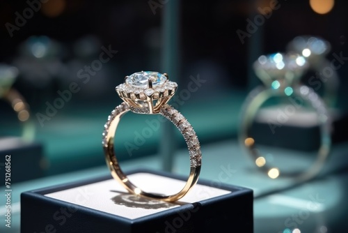 Wedding rings with diamonds on the table in a jewelry store with Copy Space