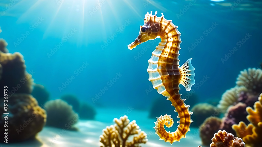 coral reef with seahorse Hippocampus underwater ocean background 
