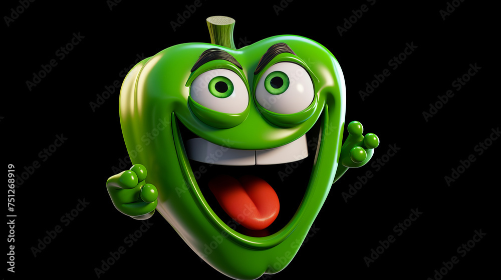 Green pepper with a cheerful face 3D on a black background. Green pepper with a cheerful face 3D on a black background.