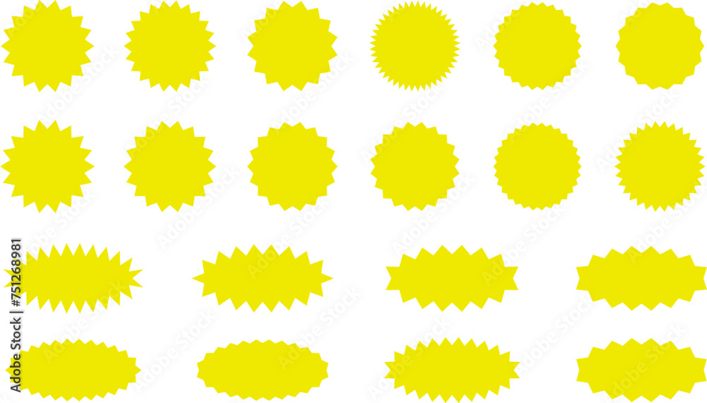 Starburst Yellow Sticker Set - collection of special offer sale oval and round shaped sunburst labels and badges. Promo stickers with star edges. Vector. Starburst Yellow Sticker Set - collection of special offer sale oval and round shaped sunburst labels and badges. Promo stickers with star edges. Vector.