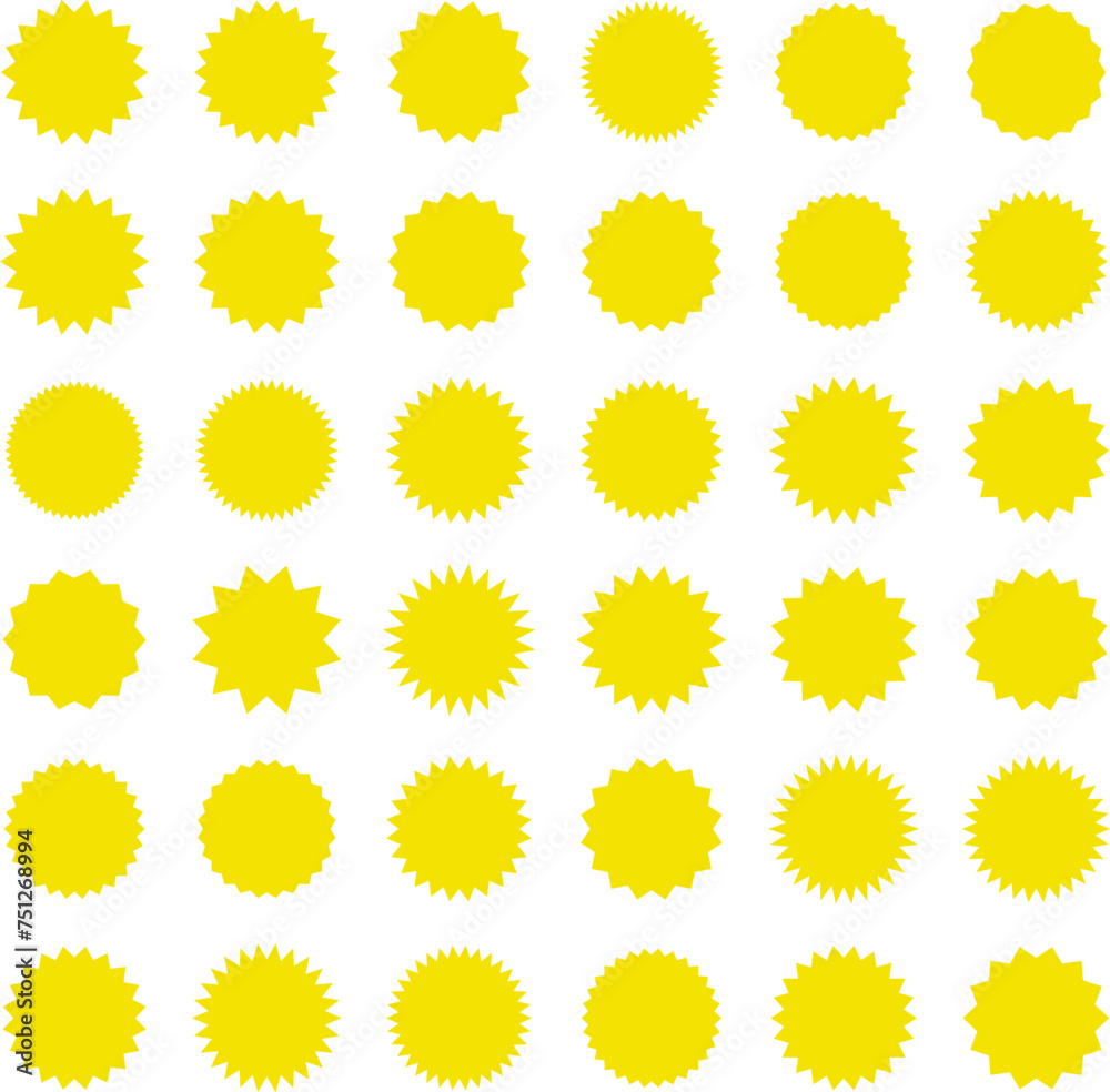 Starburst Yellow Sticker Set - collection of special offer sale oval and round shaped sunburst labels and badges. Promo stickers with star edges. Vector. Starburst Yellow Sticker Set - collection of special offer sale oval and round shaped sunburst labels and badges. Promo stickers with star edges. Vector.