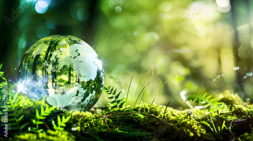 Earth day concept with crystal globe creating a map on a mossy forest with the sun shining and green foliage © YUTTADANAI