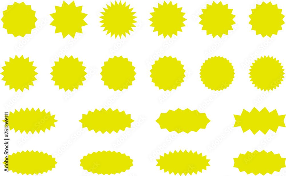 Starburst Yellow Sticker Set - collection of special offer sale oval and round shaped sunburst labels and badges. Promo stickers with star edges. Vector.