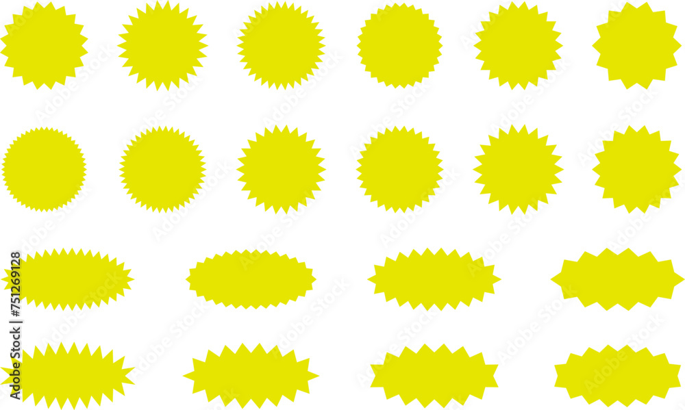 Starburst Yellow Sticker Set - collection of special offer sale oval and round shaped sunburst labels and badges. Promo stickers with star edges. Vector.