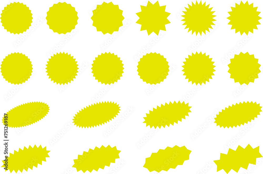 Starburst Yellow Sticker Set - collection of special offer sale oval and round shaped sunburst labels and badges. Promo stickers with star edges. Vector. Starburst Yellow Sticker Set - collection of special offer sale oval and round shaped sunburst labels and badges. Promo stickers with star edges. Vector.