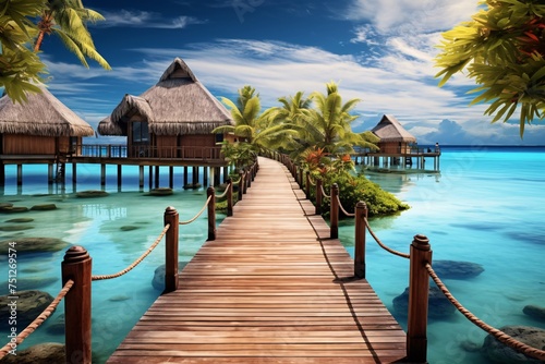 a wooden dock leading to a small island