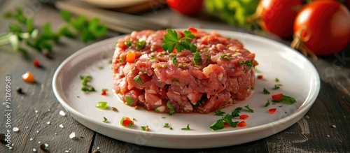 A piece of tender Porti beef tartar rests elegantly on a clean white plate. The juicy meat is the focal point, enticing the viewer with its succulence and rich flavor.