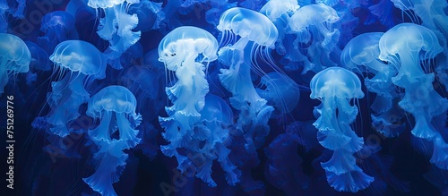 A group of jellyfish with accentuated tentacles gracefully floating in the water. The jellyfish are mesmerizing as their tentacles sway with the gentle current under the subtle blue lighting. © 2rogan