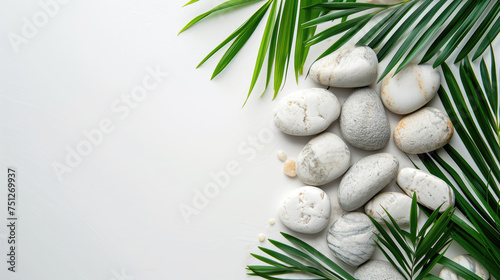Top view natural white stones and palm tree decorations summer concept copy space area background banner 