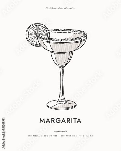 Margarita. Alcoholic cocktail with ice, lime slice and salt rim. Summer cocktails, refreshing drinks. Illustration for drinks cards, bar and wedding menus, cards and website graphics.