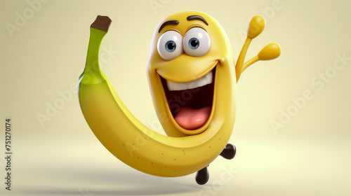 Yellow banana with a cheerful face 3D on a white background.