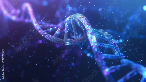 3d abstract DNA helix design. Concept based on genetic engineering. Low poly style design. Wireframe light graphic connection structure. photo