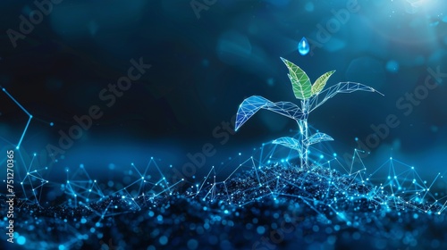 In this abstract illustration, a growing plant is shown in soil with a drop of water. The design is low poly and features a blue geometric background. Wireframe light connections create a modern 3D photo