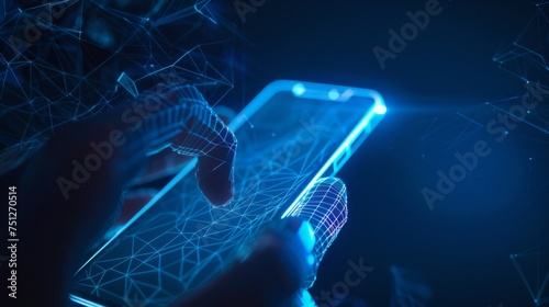 Abstract polygonal wireframe closeup image of a mobile phone surrounded by a white blank screen in holding the hands of a man. Illustration with a dark blue background. Concept of smartphone