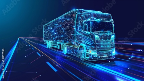 Abstract 3D heavy lorry van. Highway road. Isolated on blue. Transportation vehicle, delivery transport, digital cargo logistic concept. Freight shipping international industry. 3D heavy