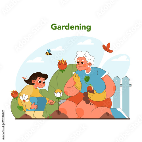 Intergenerational gardening. Flat vector illustration