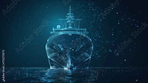 This wireframe mesh illustration shows a worldwide cargo ship on a dark blue night sky with stars and dots. This is a transportation, logistics, shipping illustration or background. photo