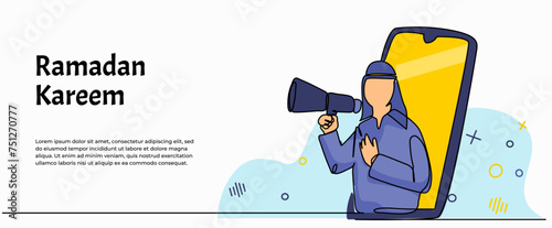 Vector illustration of an Arab man holding a megaphone and showing a mobile phone screen. Modern flat in continuous line style.