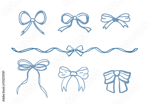 Isolated set of bows and blue ribbons on transparent background. Outline vector set. Trendy design.