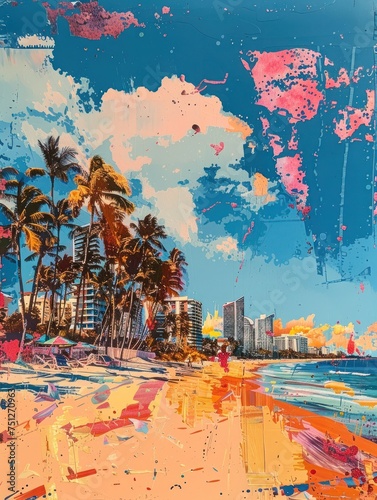 A vivid beach scene in an expressionist style  this painting showcases colorful palm trees and reflective buildings. It suggests a lively art market atmosphere on a sunny day