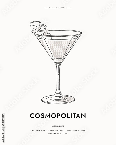 Cosmopolitan. Alcoholic cocktail garnished with lime zest. A refreshing drink in an elegant glass. Illustration for drinks cards, bar and wedding menus, cards and website graphics.