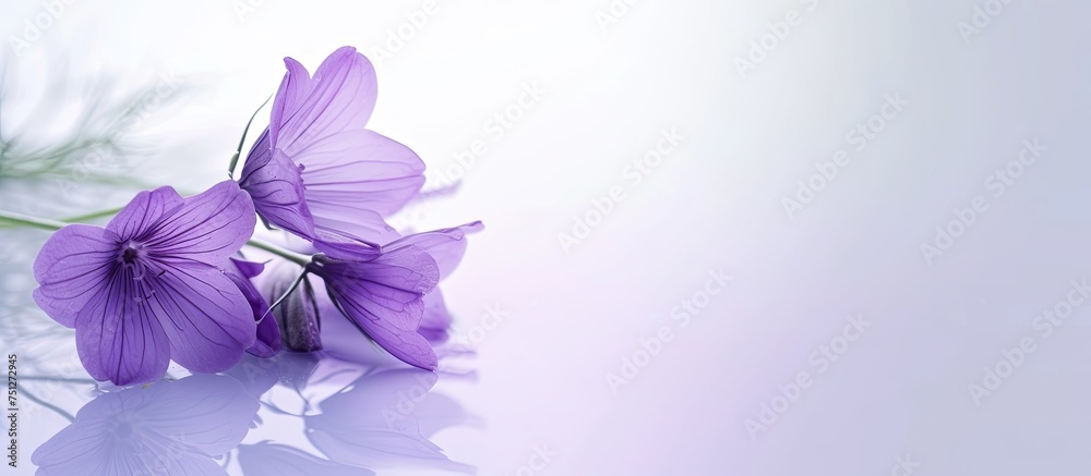 A vibrant purple flower contrasts against the clean white surface it sits upon, showcasing its delicate petals and rich color. The simplicity of the composition allows the beauty of the flower to