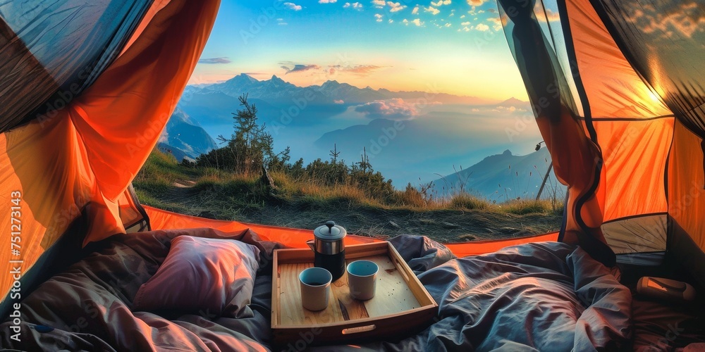 from inside a camping tent the mountain panorama opens up at dawn, with breakfast served on a tray above the grandeur of nature, evoking the sense of travel and freedom. Ai generated - obrazy, fototapety, plakaty 
