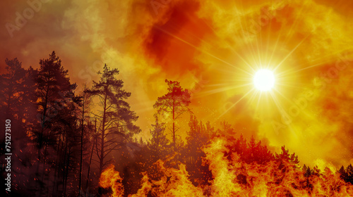 Fires caused by climate change in the hot days of summer in a pine forest