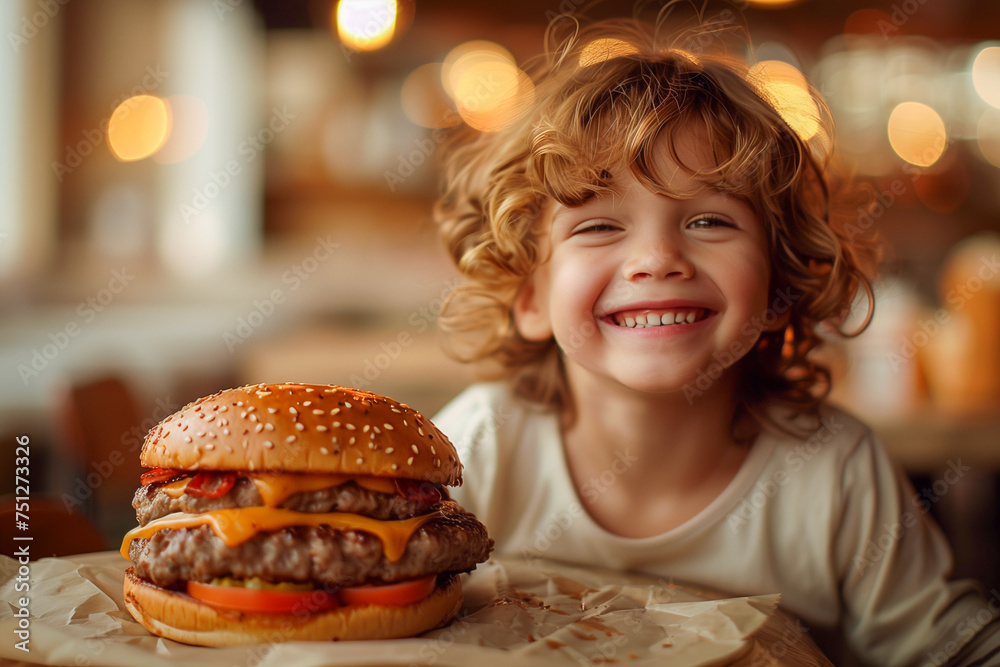 A beautiful smiling child with a big double cheeseburgers in front of him A beautiful smiling child with a big double cheeseburgers in front of him