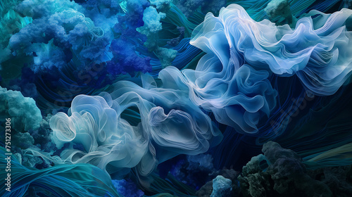 Abstract fluid art painting with swirling patterns of blue and white creating a visually mesmerizing marbled effect. 