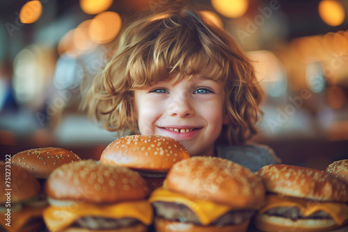 A beautiful smiling child with many cheeseburgers in front of him