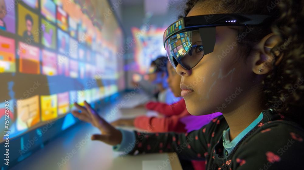 A young student engages with a colorful, interactive digital display, wearing augmented reality glasses that enhance the educational experience. A young student engages with a colorful, interactive digital display, wearing augmented reality glasses that enhance the educational experience.