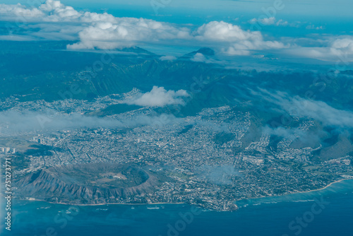 Diamond Head and Kahhala. Oahu Hawaii. Aerial photography of Honolulu to Kahului from the plane. 