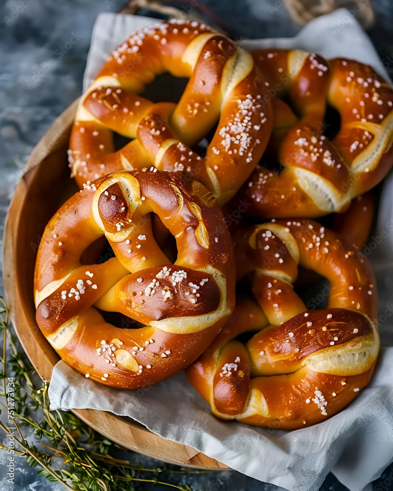 German Soft Pretzels are chewy on the outside and fluffy on the inside placed on a cloth and wooden cutting board