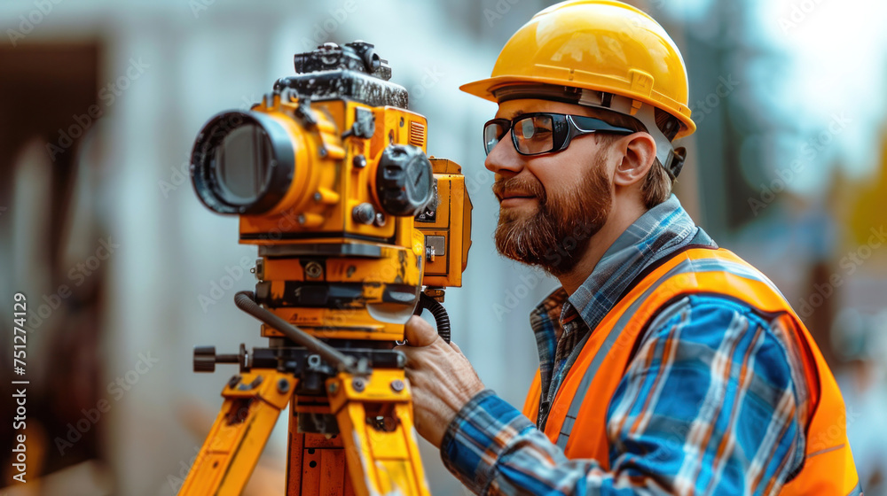A male surveyor builder engineer with theodolite transit equipment at construction site outdoors during surveying work. - obrazy, fototapety, plakaty 