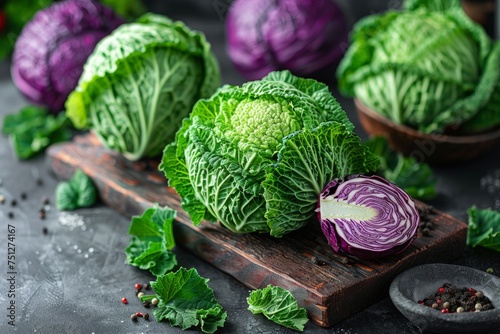 Green and purple fresh savoy cabbage on wooden board photo