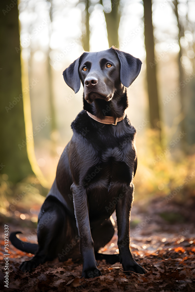 Black Dog Showcasing its Sleek Shiny Fur Amidst Lush Greenery - Harmony of Nature and Animal Life
