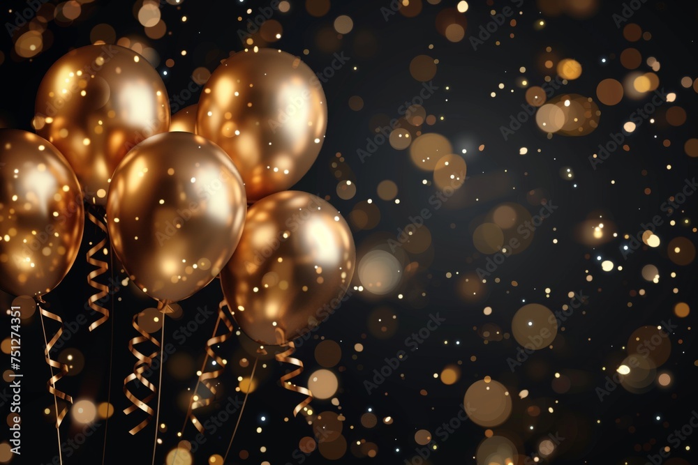 Black background with gold balloons and gold streamers Black background with gold balloons and gold streamers