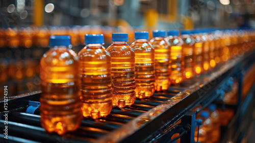 Conveyor belt for vegetable oil in plastic bottles inside a vegetable oil production factory.