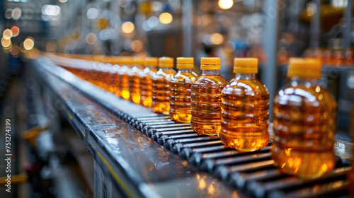 Conveyor belt for vegetable oil in plastic bottles inside a vegetable oil production factory.