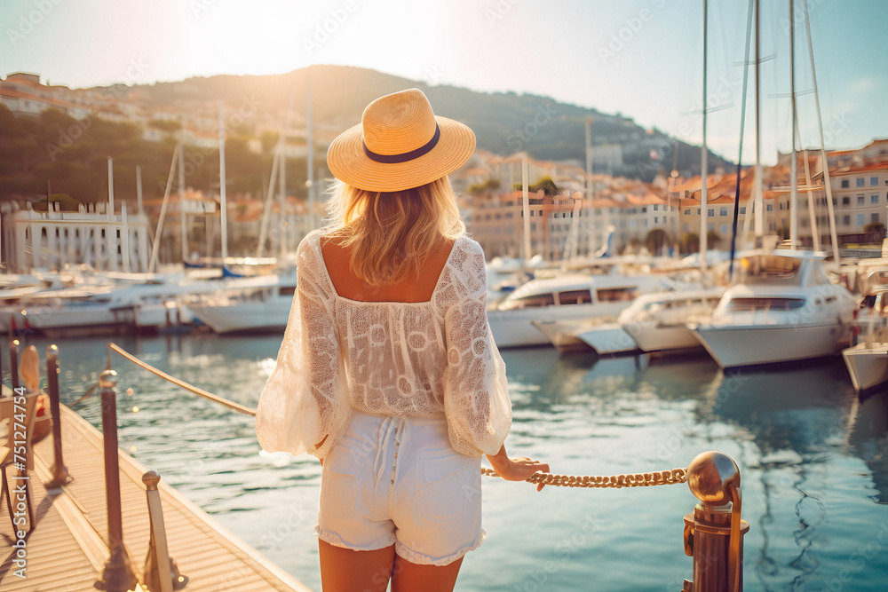 A woman in a sun hat stands on a pier gazing at boats on the water