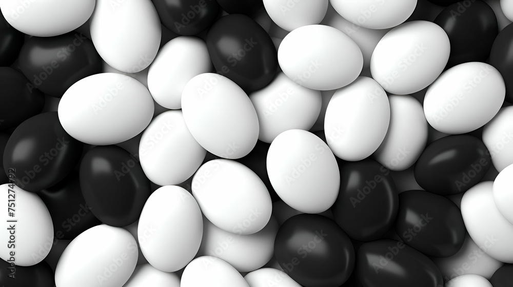 White and black easter eggs background. 3d render illustration.