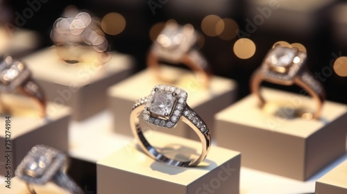 Wedding rings with diamonds on the table in a jewelry store. Perfect for jewelry store advertisements or engagement-related content with Copy Space.